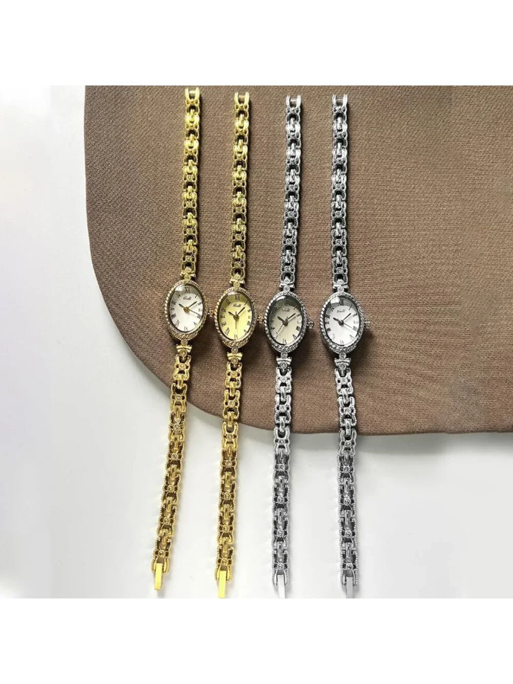 Women's Gold White Oval Vintage Bracelet Small Quartz Bangle Analog Watch